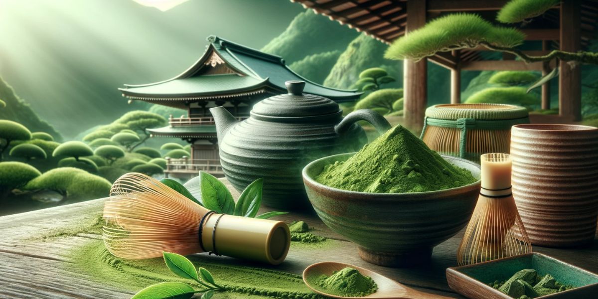 Polvo de matcha Uji premium con elementos tradicionales japoneses, que muestra calidad