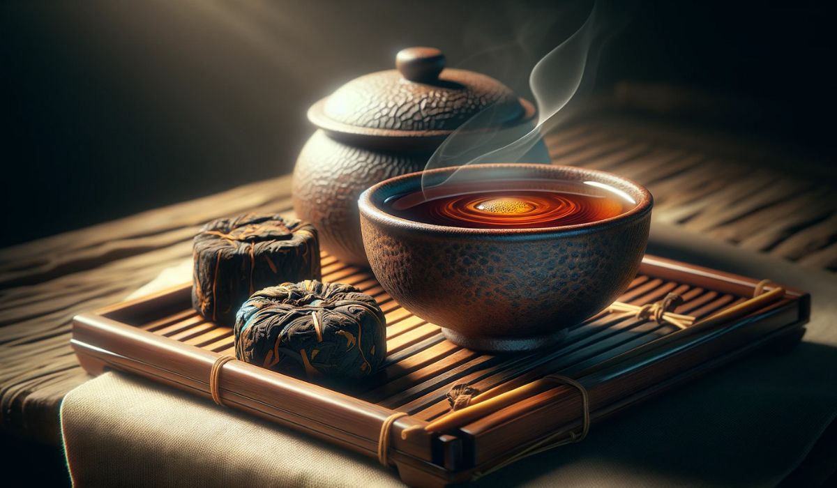 Taza tradicional china de té Pu-erh con pasteles de té en una bandeja de bambú