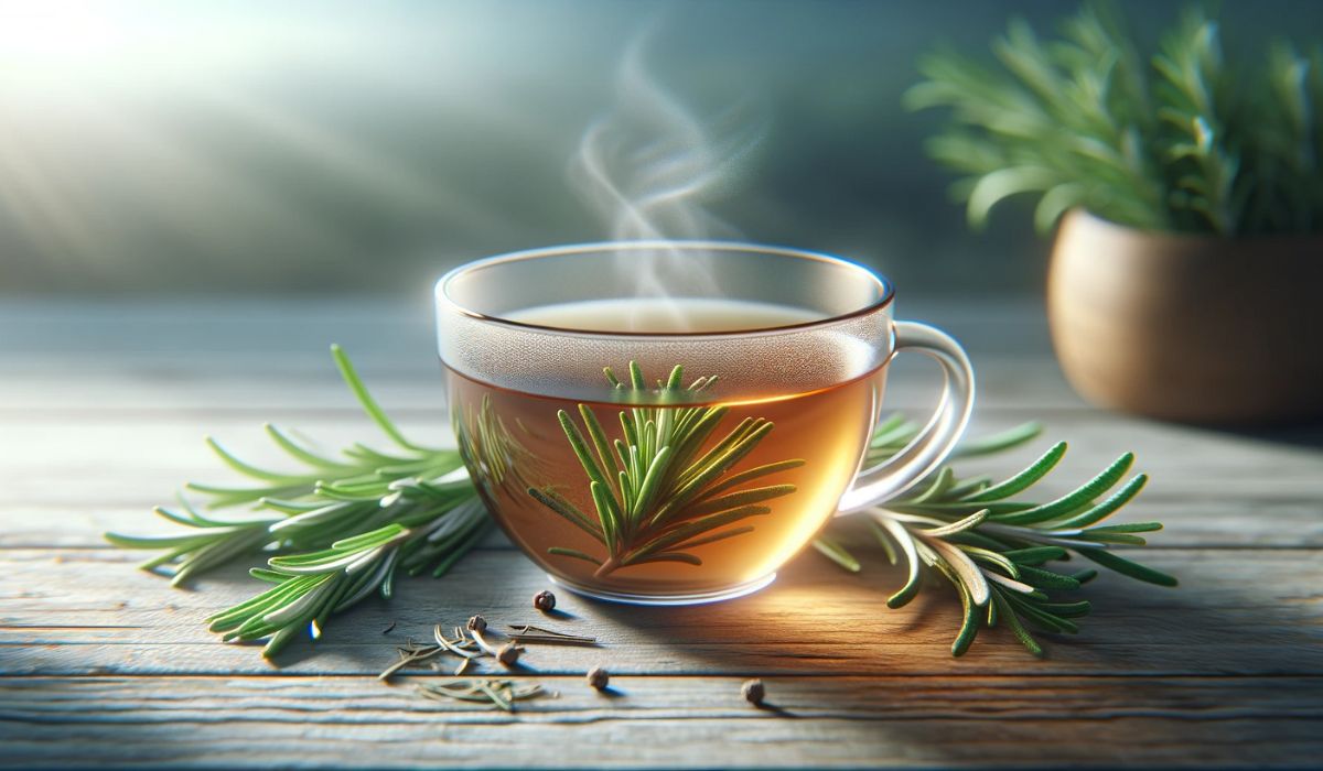 Steaming cup of rosemary tea with fresh sprigs on a wooden surface
