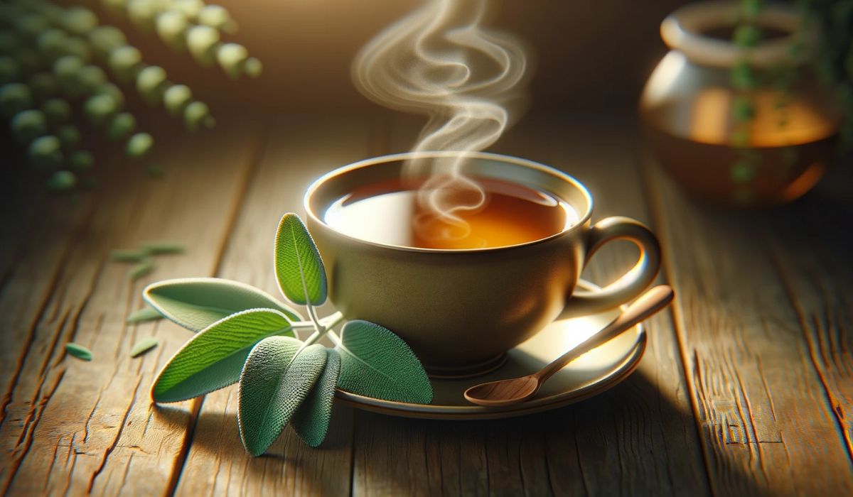 Steaming cup of sage tea with fresh leaves on a rustic wooden table