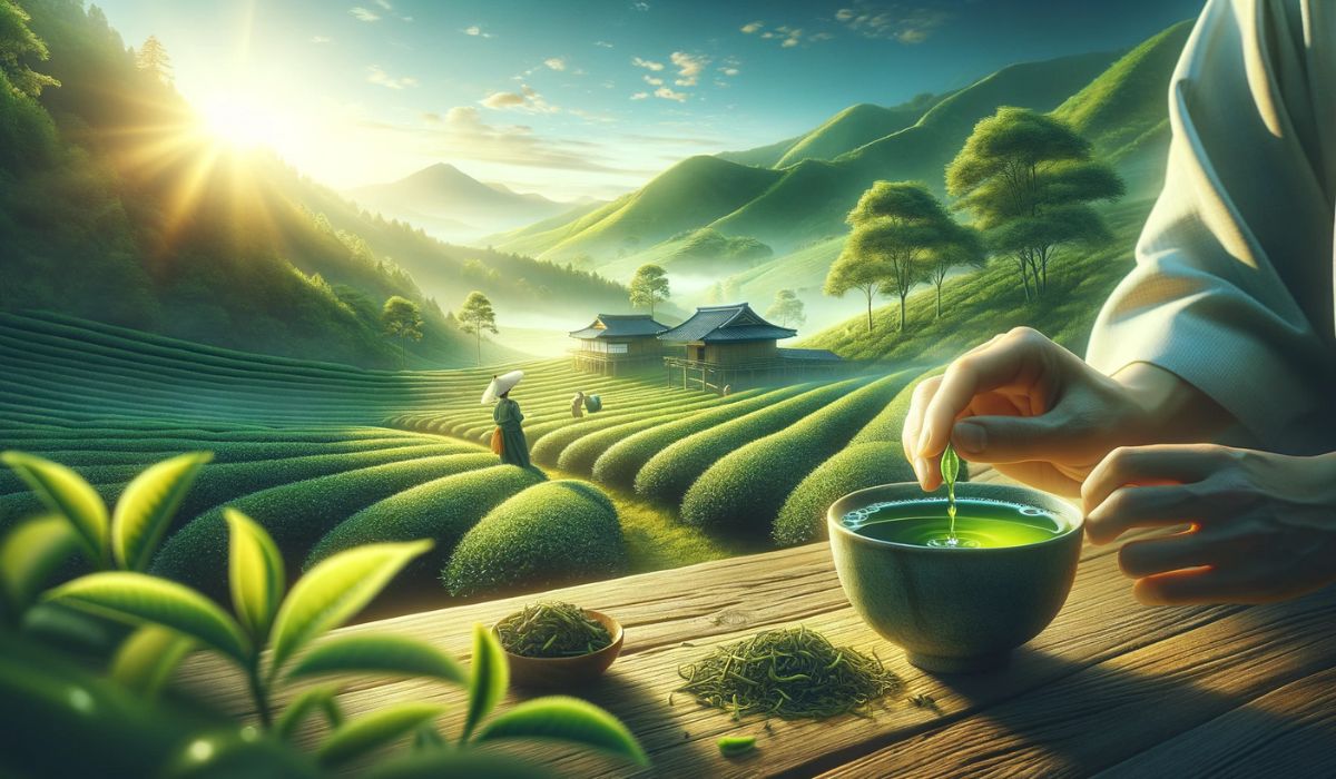 Una serena granja de té con hojas frescas de Sencha y una taza de té verde vibrante, que muestra la calidad y el sabor de la primera oleada.
