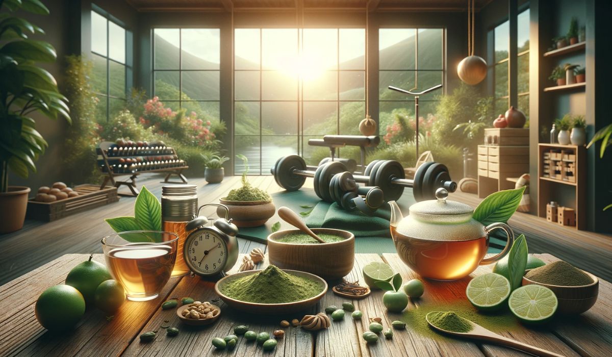 Green tea and matcha in a serene setting, surrounded by symbols of health and wellness