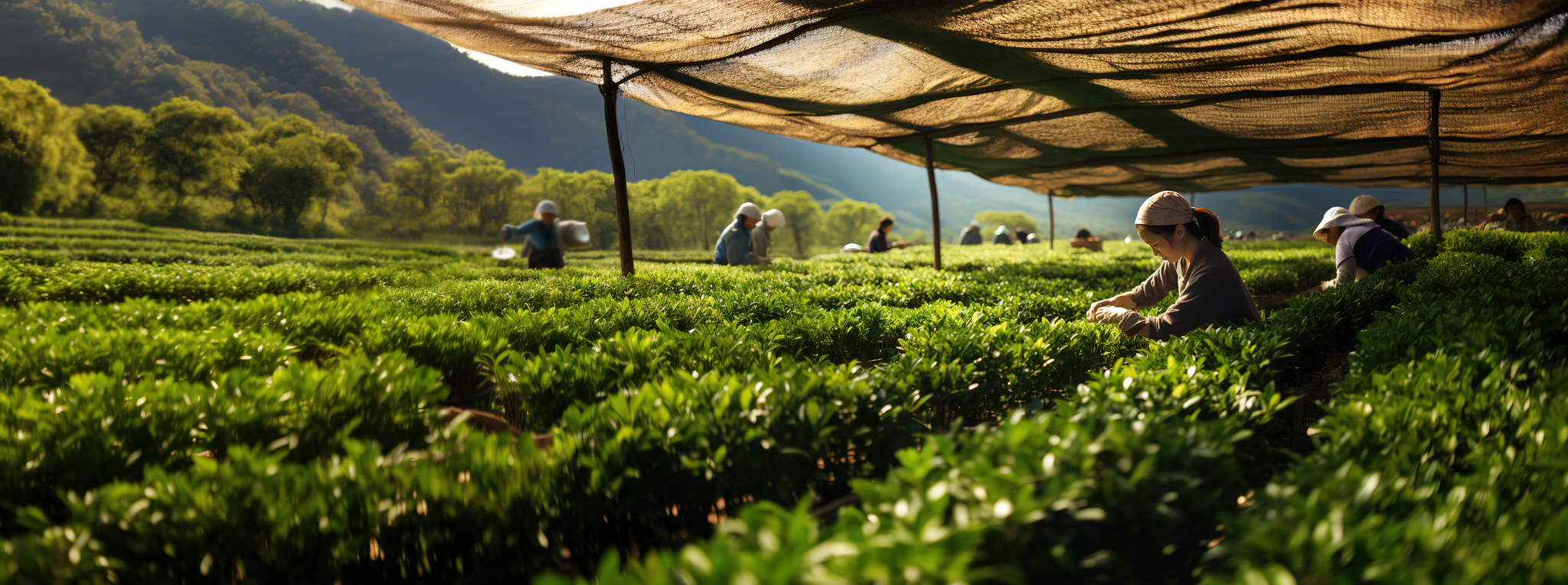 Image of green tea field partially covered from the sun with tea pickers picking matcha leaves