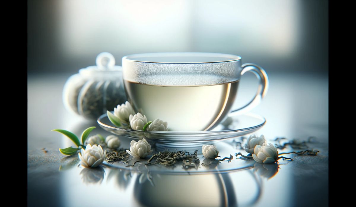 Delicada taza de té blanco con hojas sueltas sobre una moderna mesa de cristal