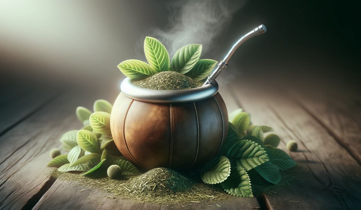Traditional Yerba Mate in a calabash gourd with metal straw on a wooden table