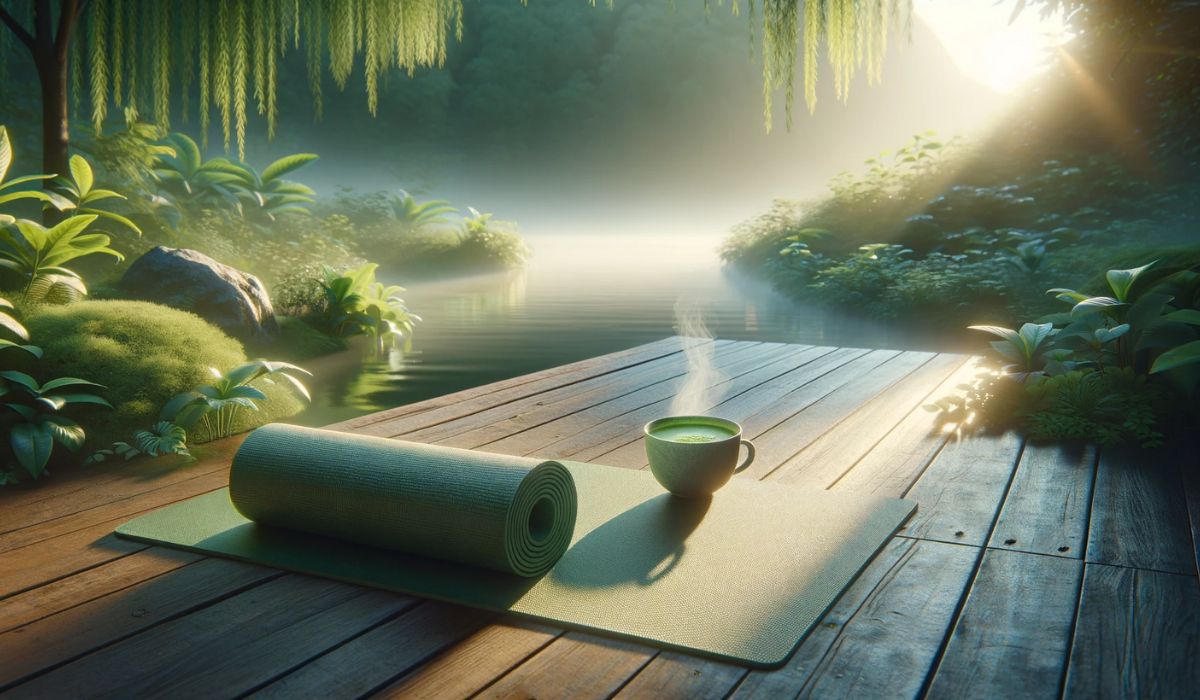 Una serena escena al aire libre con una estera de yoga y una taza de té verde matcha humeante, que simboliza la paz y la salud integral.