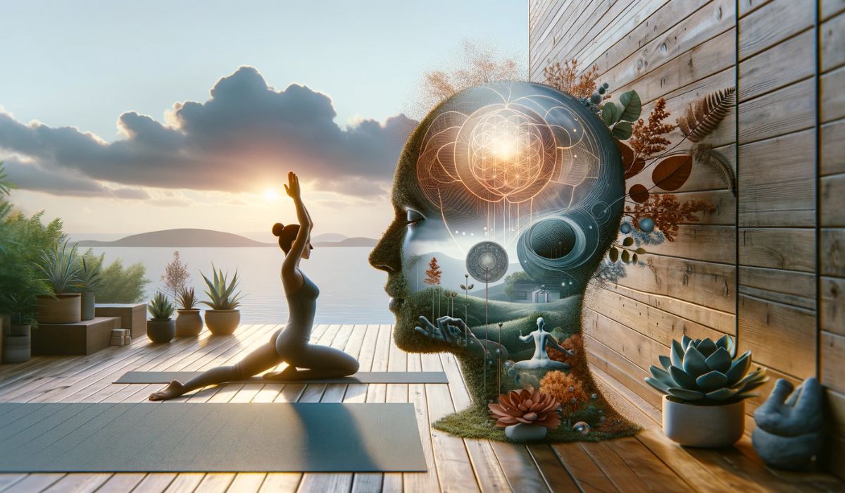 Un espacio de yoga tranquilo con una persona en una postura de yoga, que simboliza la práctica regular y la conexión mente-cuerpo en el yoga.