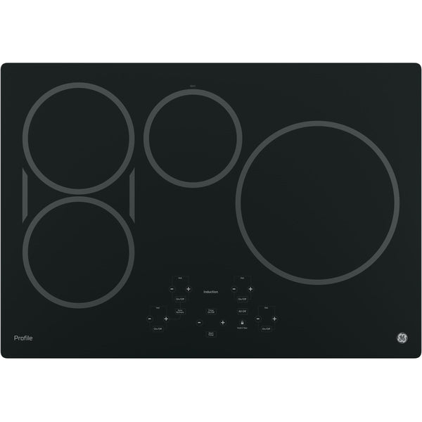 GE PP7030DJBB 30 Inch Electric Cooktop with 5 Radiant, Bridge SyncBurners,  9/6 Inch Power Boil Element, Keep Warm Setting, Red LED Backlit Knobs, ADA