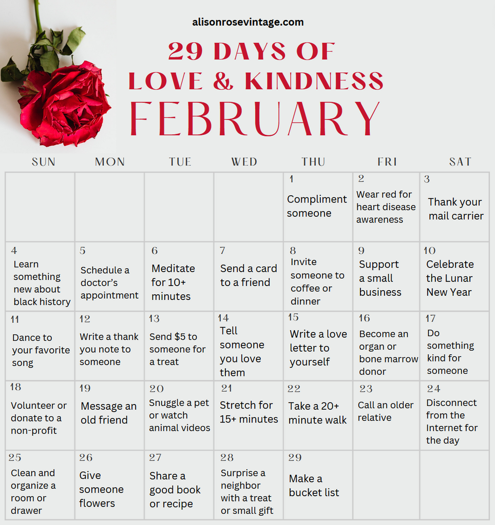 February 2024 29 Days of Love & Kindness Calendar with an act of kindness for each day