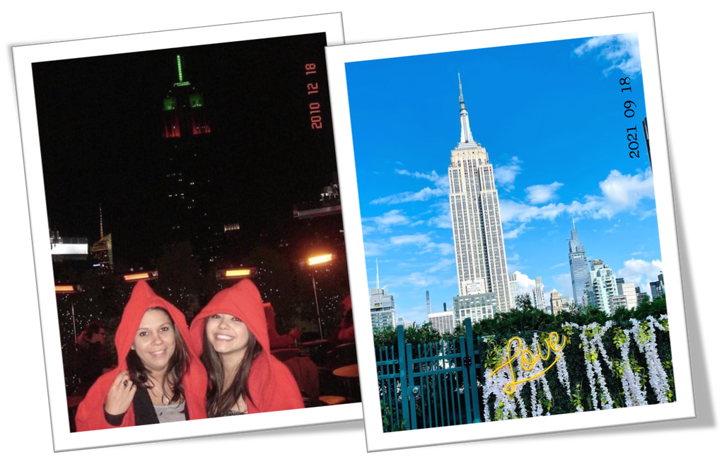 Amanda and Alison at a rooftop bar in NYC in 2010 next to the same rooftop bar in 2021