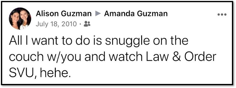 Facebook post that says All I want to do is snuggle on the couch w/you and watch Law & Order SVU, hehe