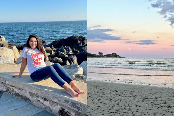 Alison Rose in Kennebunkport by the ocean and moon over the ocean at the beach