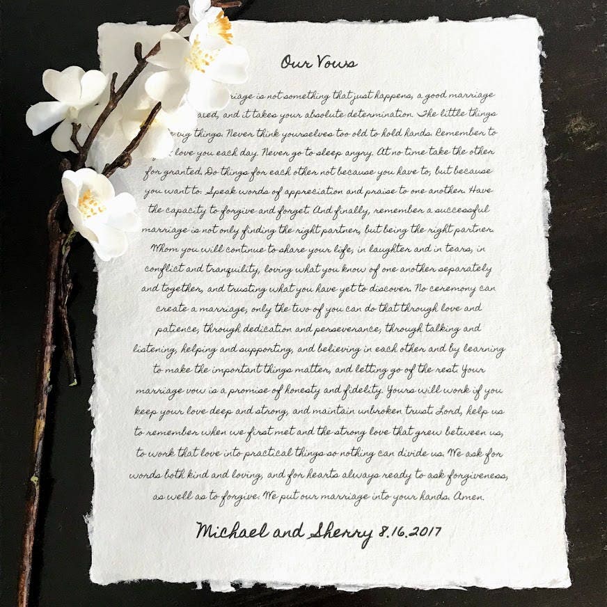 custom wedding vows print on handmade paper