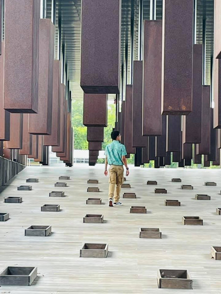 Jalen walking through the Equal Justice Initiative Memorial