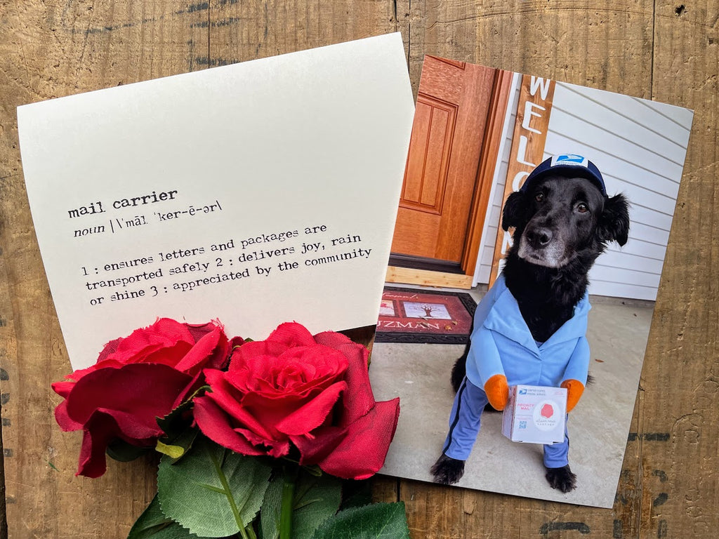 mail carrier greeting card with photo of dog in USPS halloween costume