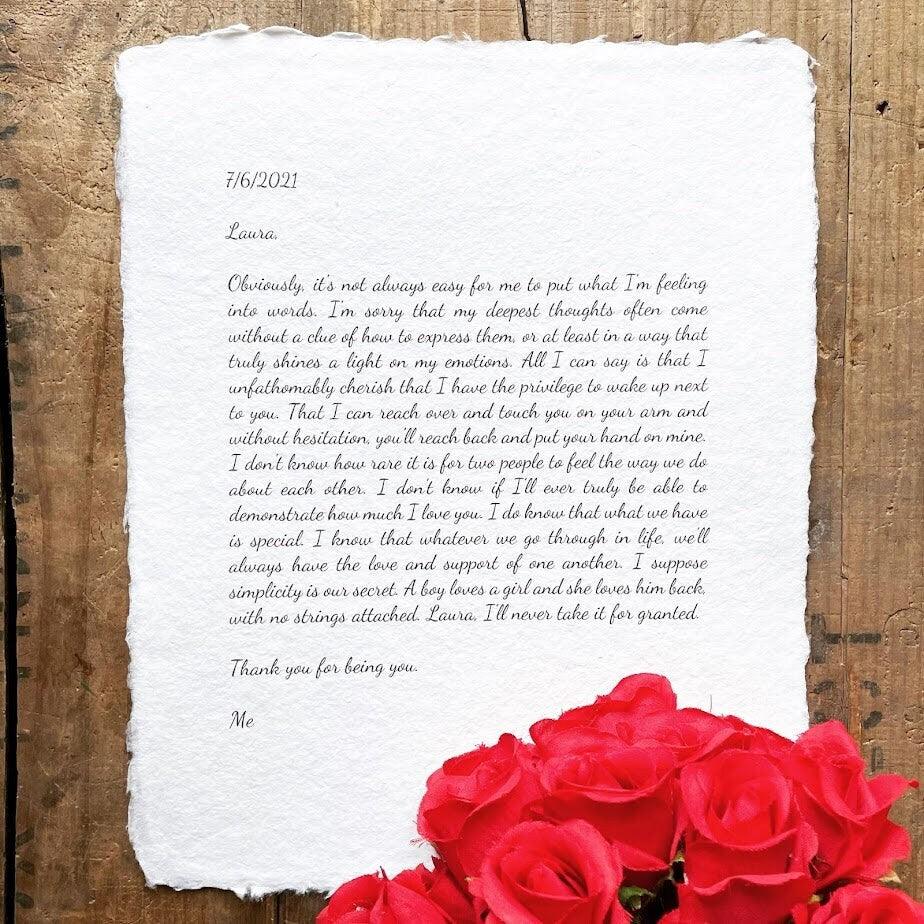 Custom love letter print on handmade paper, anniversary gift ...