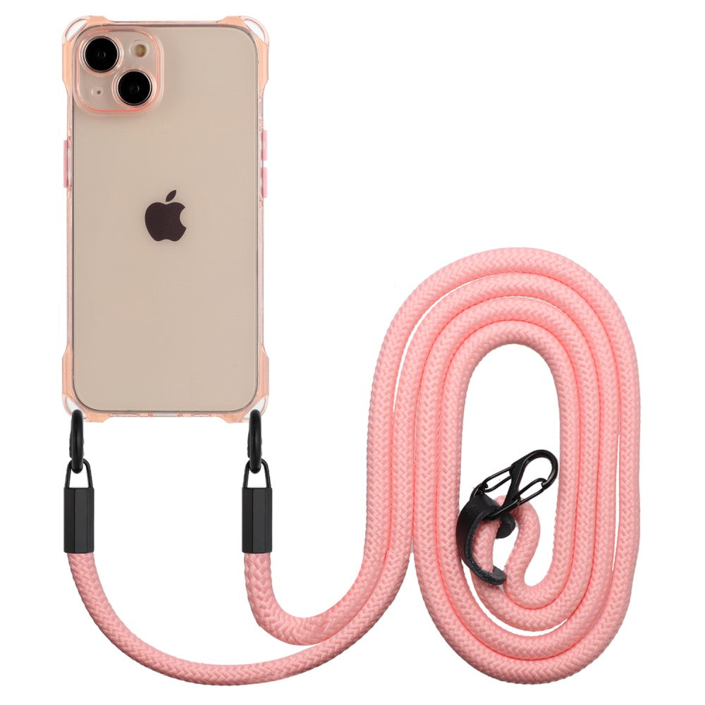 iPhone 14 Transparent TPU Case with Drop Protection and Hanging Rope - Pink