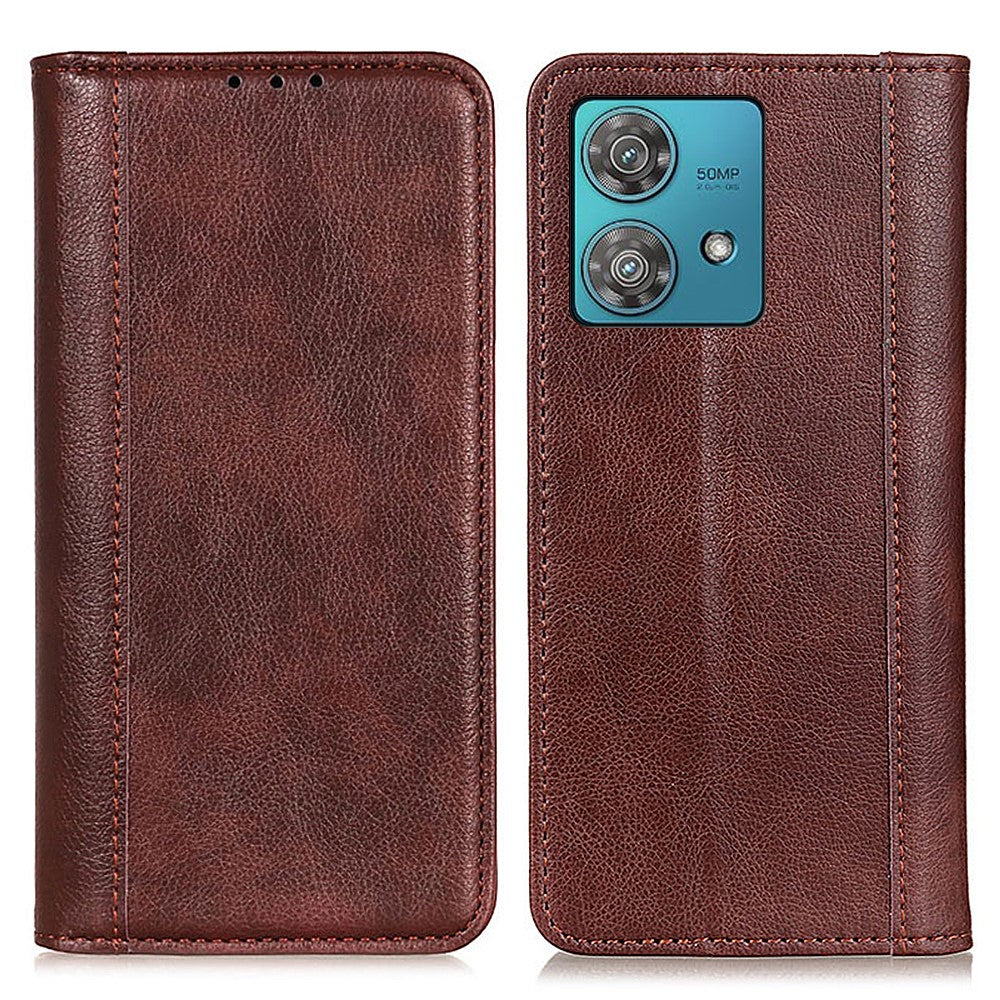 Genuine leather case with magnetic closure for Motorola Edge 40 Neo - Brown