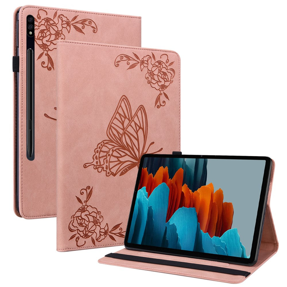 Samsung Galaxy Tab S9 / S9 FE Leather Stand Cover with Butterfly Flower Imprint, Card Holder - Pink