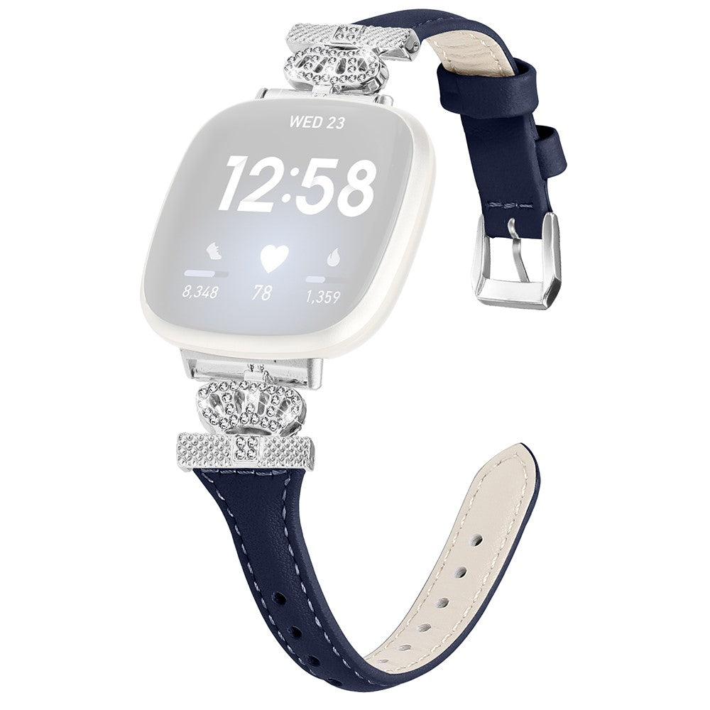 Fitbit Versa 3 / 4 / Sense / Sense 2 Silver Buckle Watch Band Crown Genuine Cowhide Leather Strap - Dark Blue