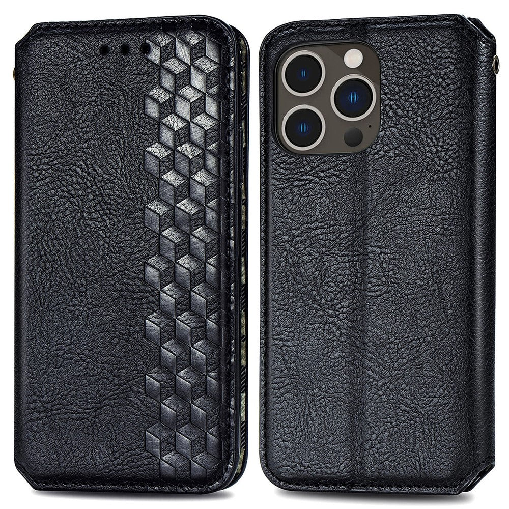 Leather case with a stylish rhombus imprint for iPhone 15 Pro - Black