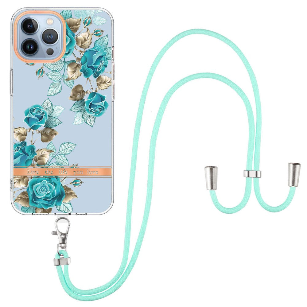 Slim and durable softcover with lanyard for iPhone 15 Pro Max - HC002 Blue Rose