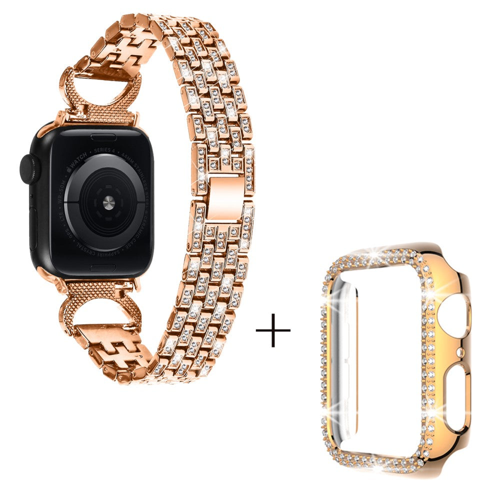 Apple Watch Ultra rhinestone décor 5-bead metal strap with cover - Rose Gold