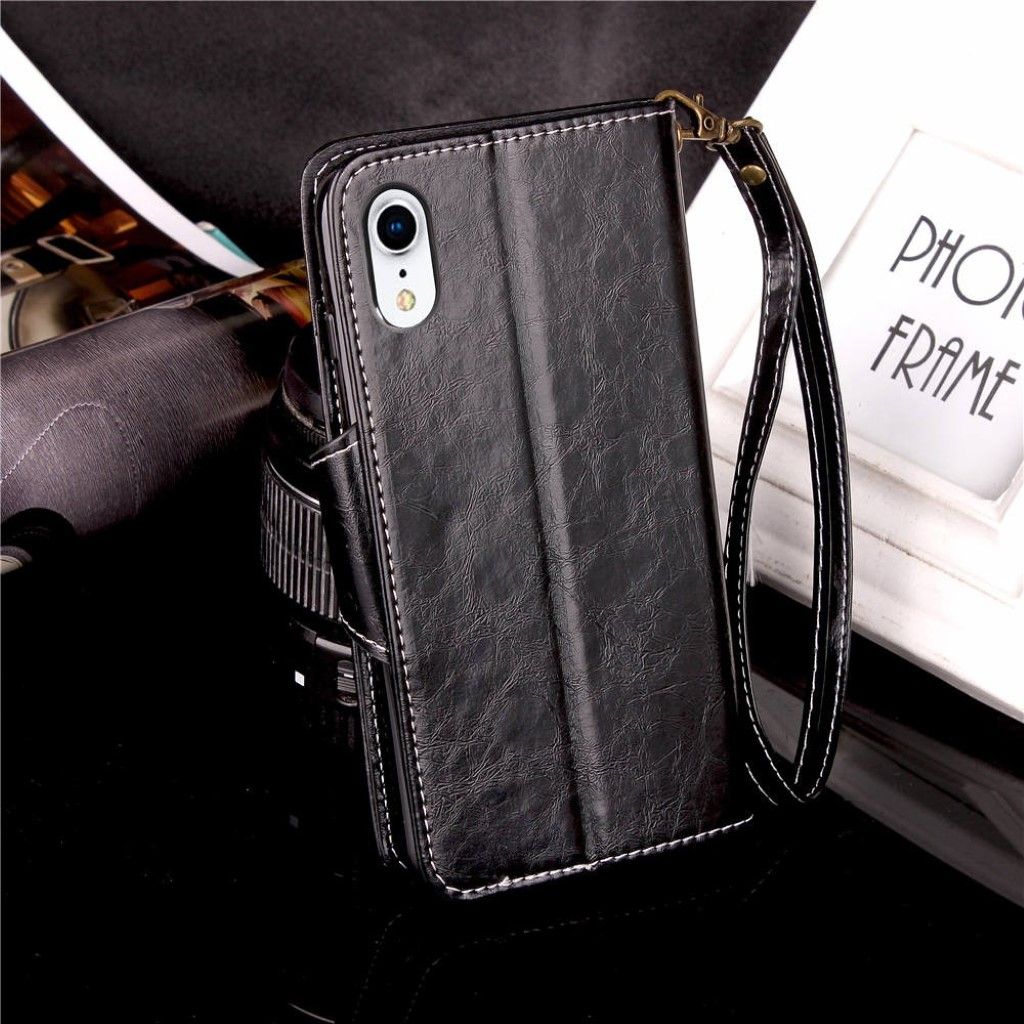 iPhone Xr oil wax retro style leather flip case - Black