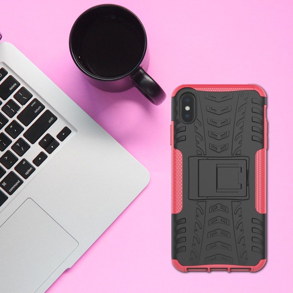 iPhone Xs Max tire pattern kickstand hybrid case - Black / Rose