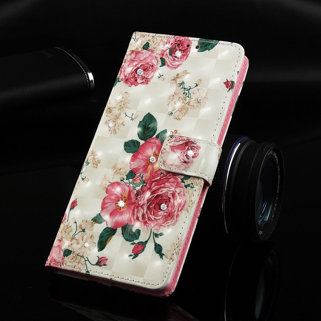 iPhone Xs Max rhinestone décor pattern leather flip case - Vivid Flower