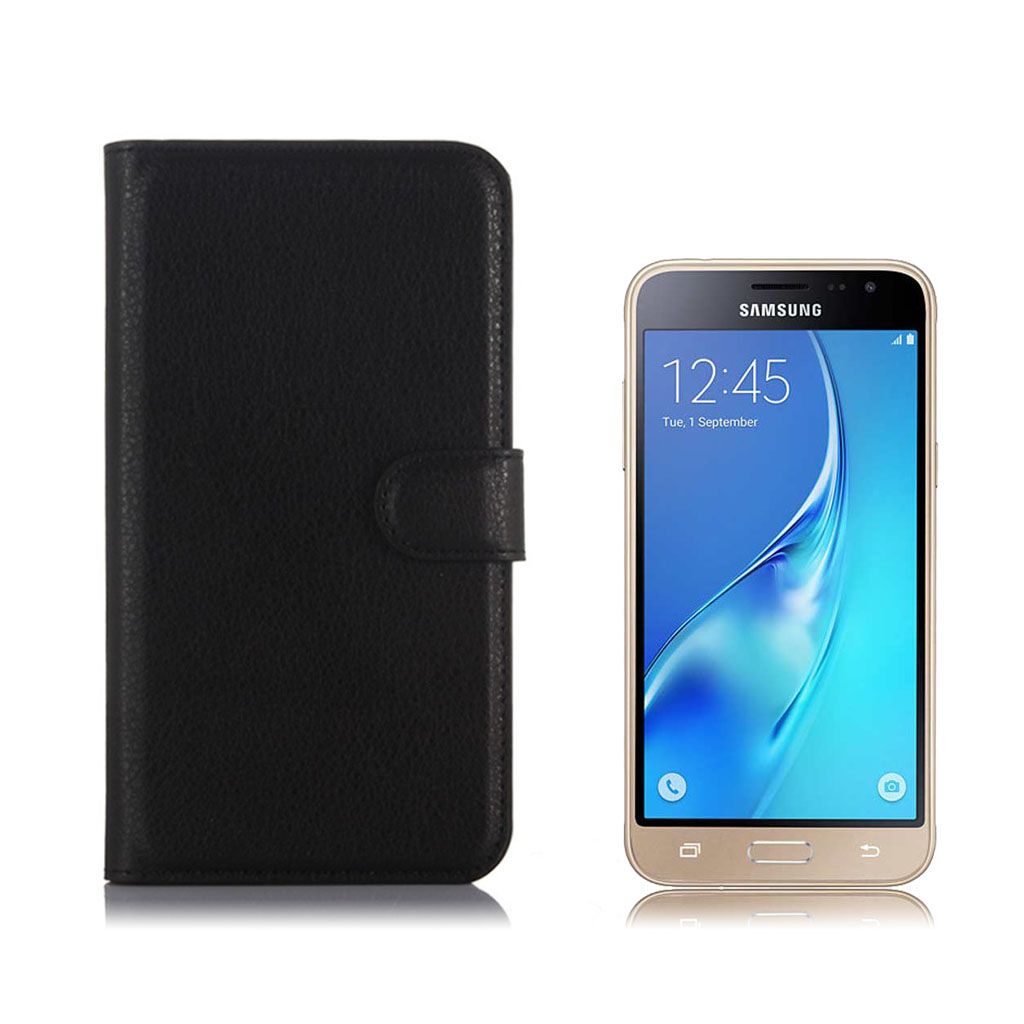 Samsung Galaxy J3 (2016) litchi skin leather flip case - Black