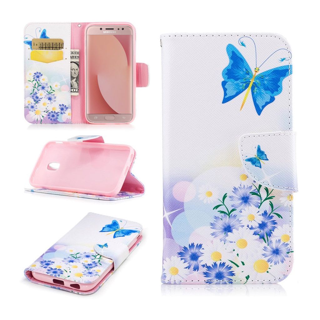 Samsung Galaxy J7 (2017) pattern printing PU leather flip case - Daisy and Blue Butterfly