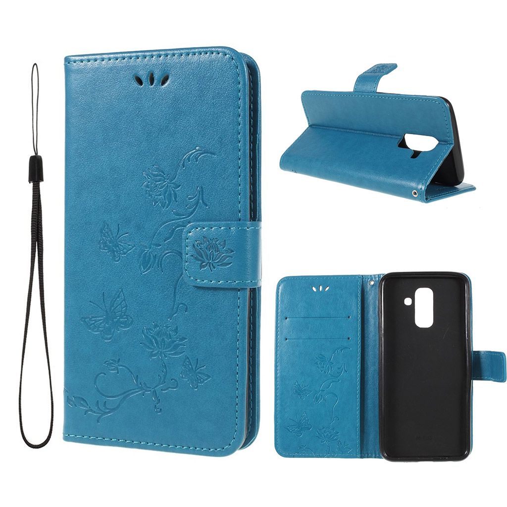 Samsung Galaxy A6 imprint butterfly flower leather flip case - Blue