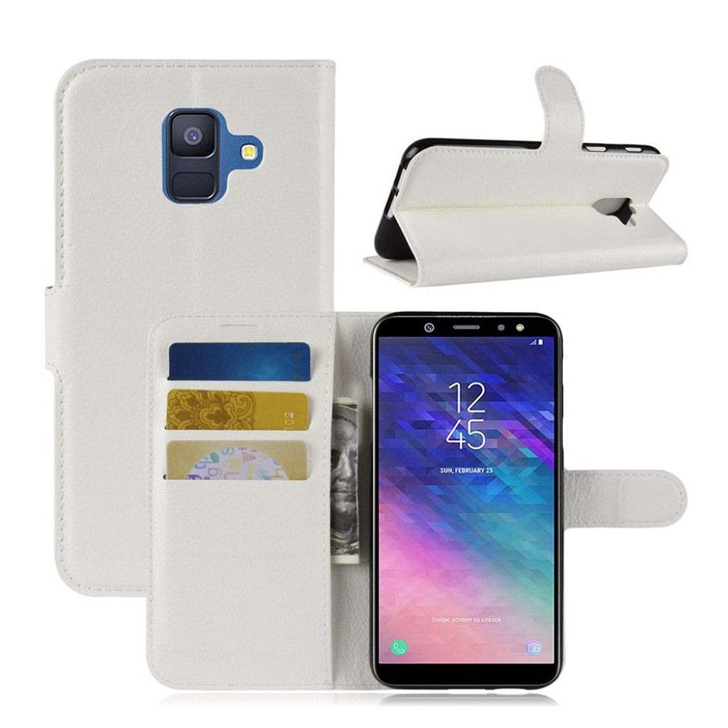 Samsung Galaxy A6 litchi skin magnetic leather flip case - White