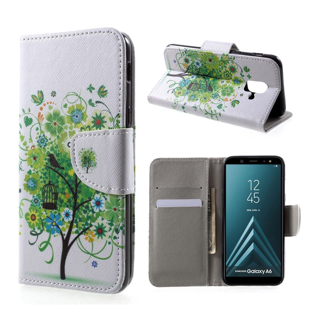 Samsung Galaxy A6 pattern printing cross texture leather flip case - Green Tree