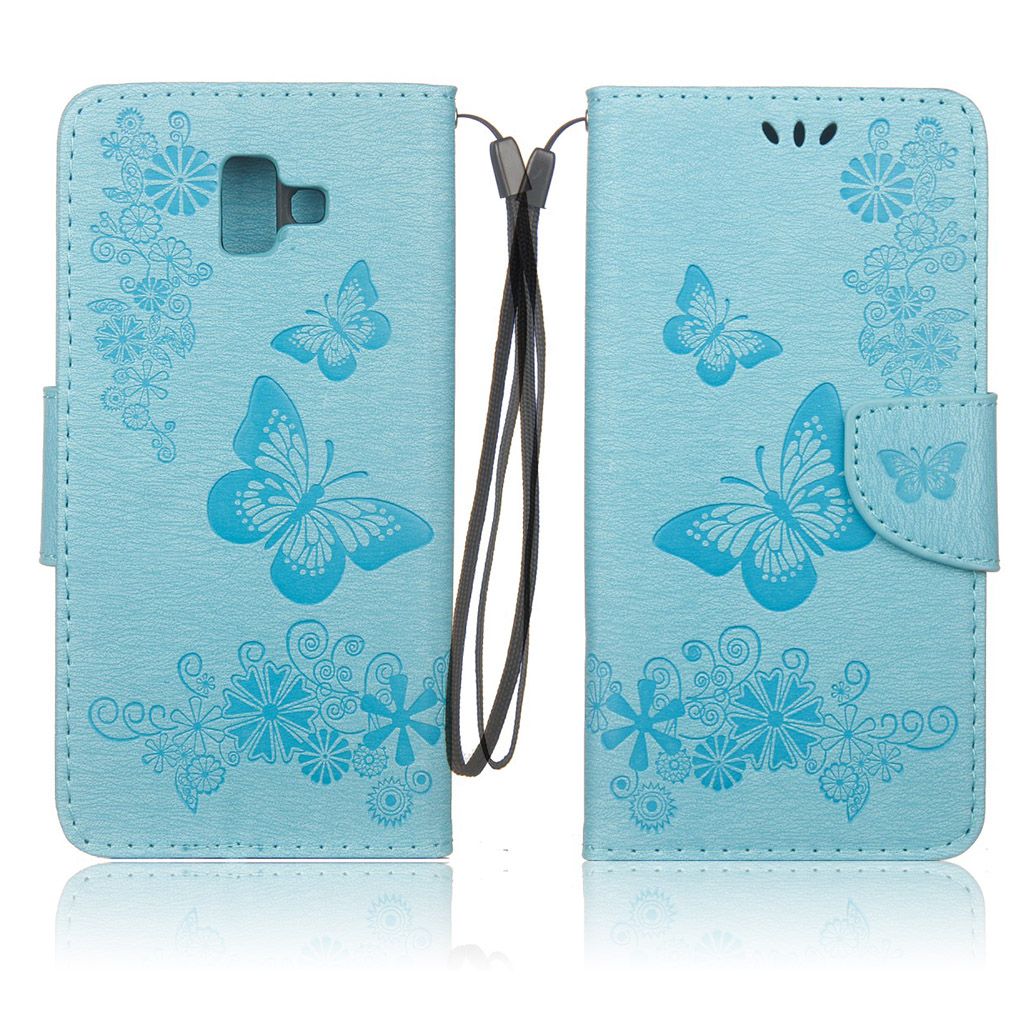 Samsung Galaxy J6 Plus (2018) butterfly flower leather flip case - Baby Blue