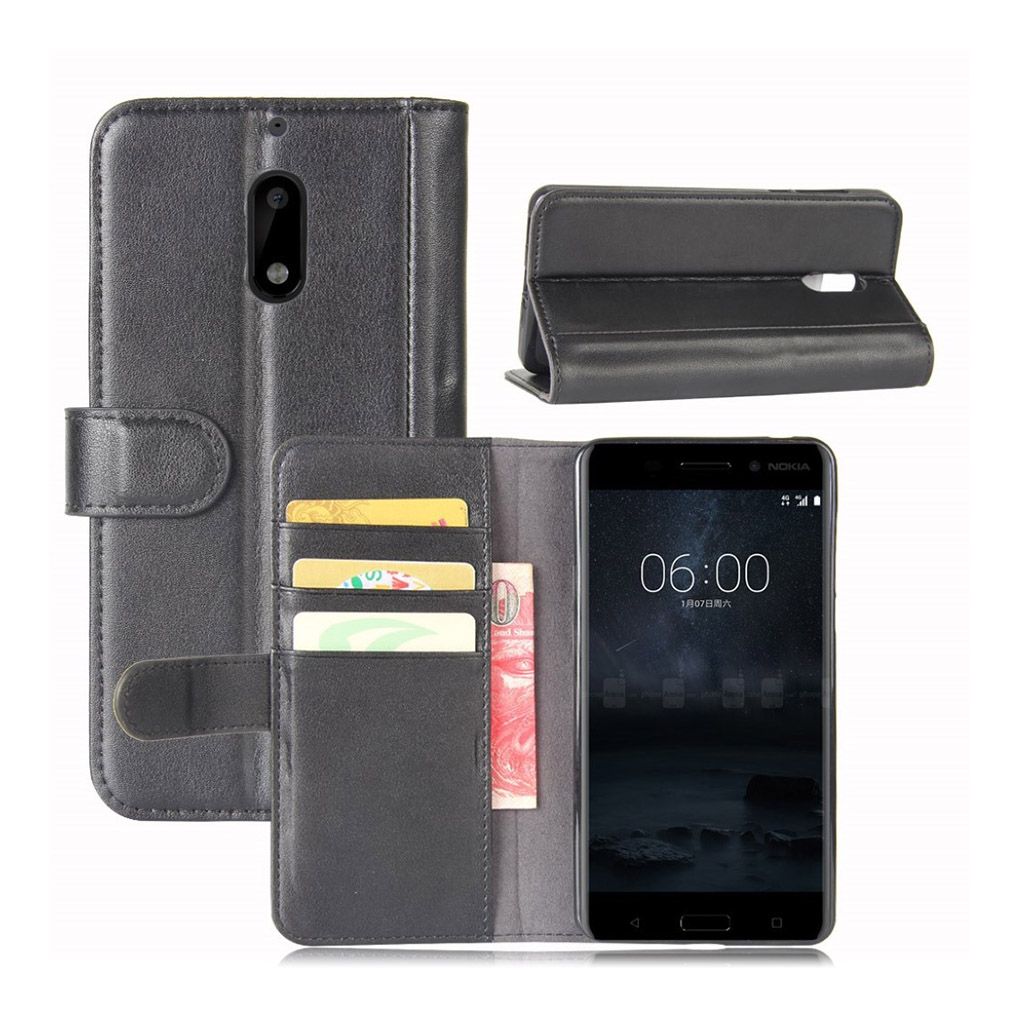 Nokia 6 genuine split leather flip case - Black