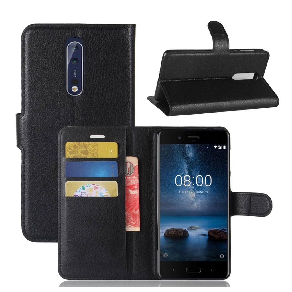 Nokia 8 litchi skin leather magnetic case - Black