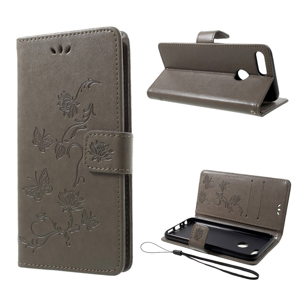 Huawei Honor 9 Lite imprint butterfly flower leather flip case - Grey