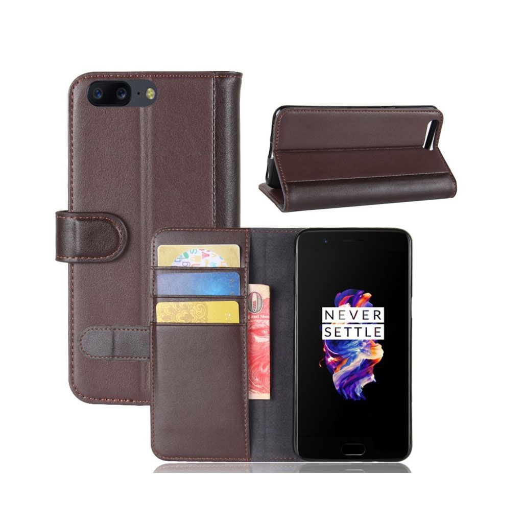 OnePlus 5 genuine split leather flip case - Coffee