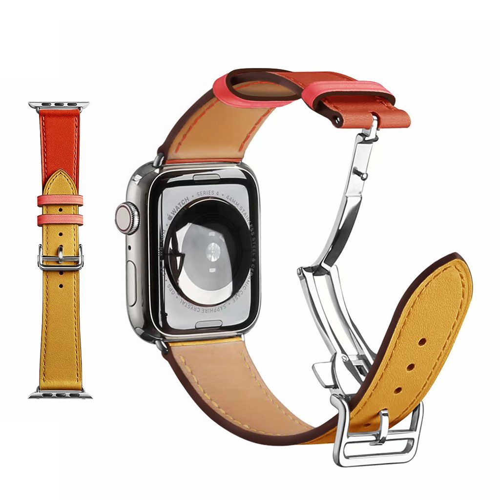 Genuine leather silver buckle watch band for Apple Watch Series 6 / 5 44mm - Amber / Orange