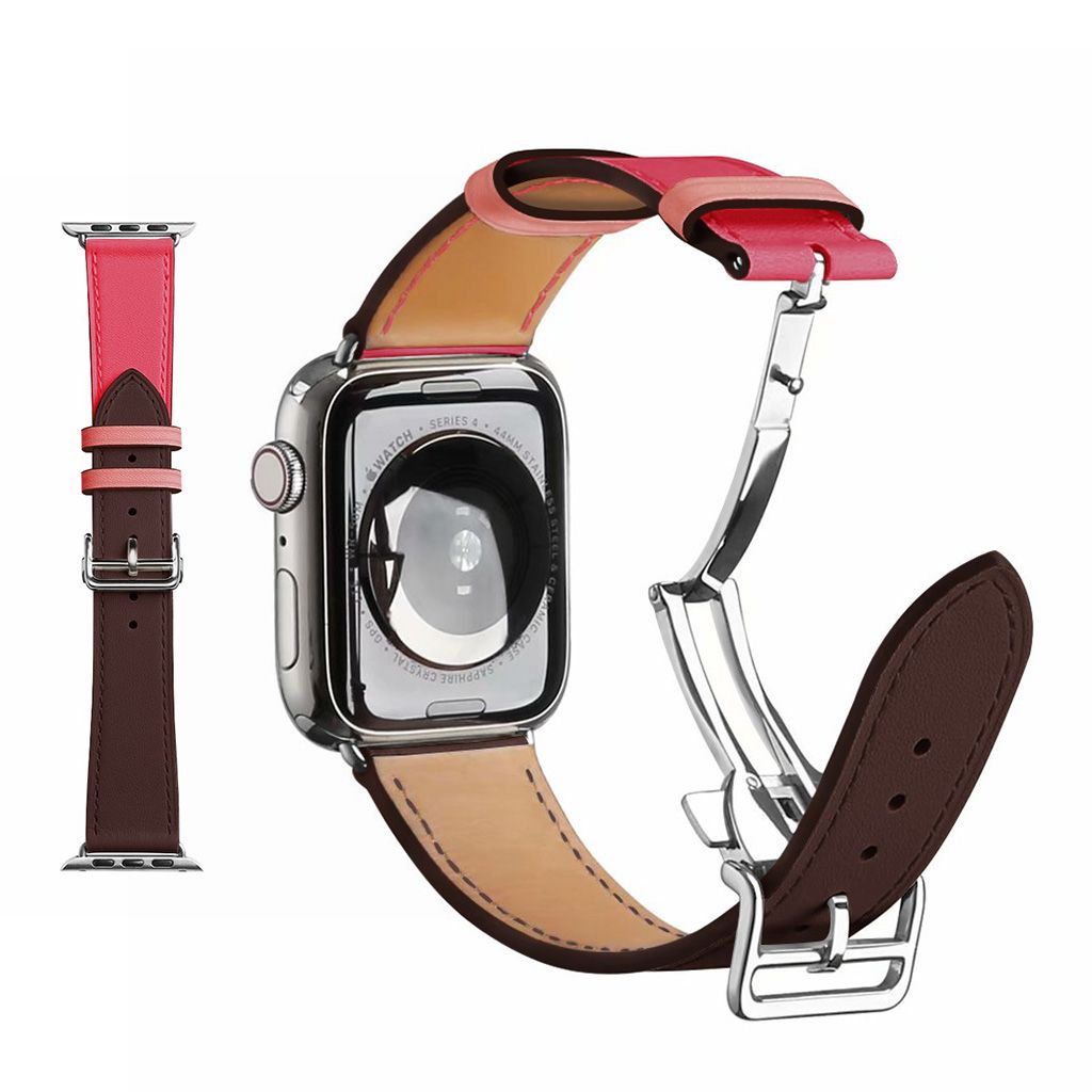 Genuine leather silver buckle watch band for Apple Watch Series 6 / 5 44mm - Wine Red / Rose