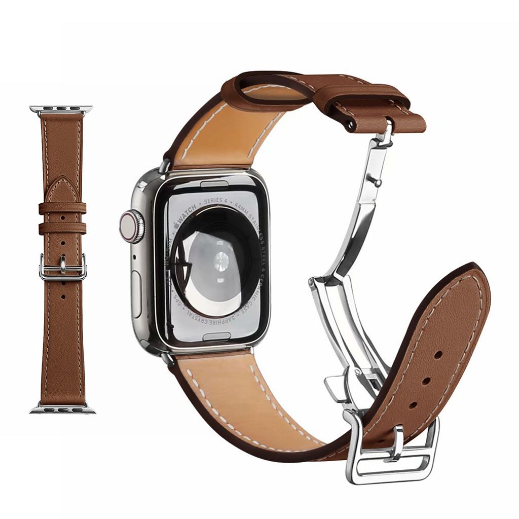 Genuine leather silver buckle watch band for Apple Watch Series 6 / 5 44mm - Brown