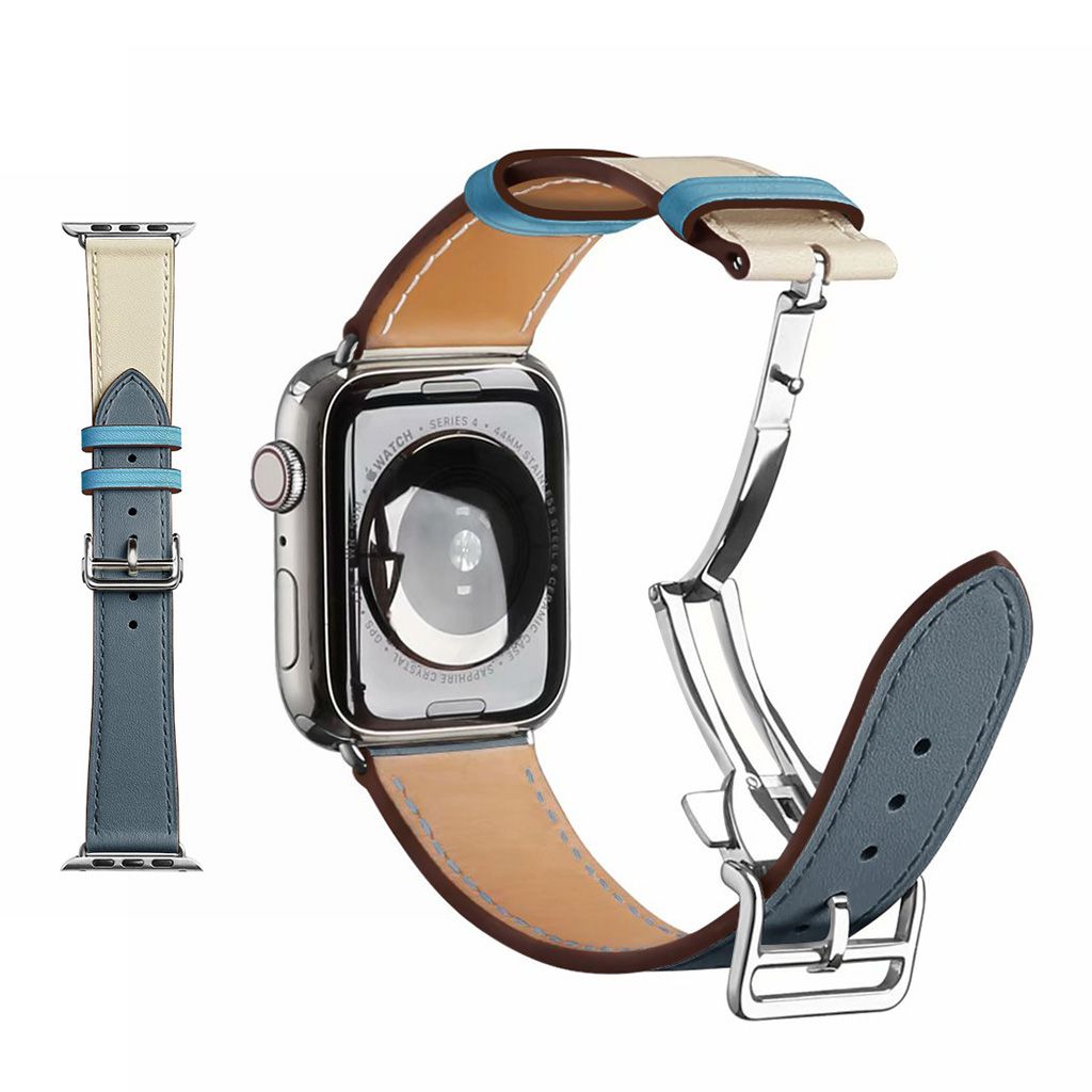 Genuine leather silver buckle watch band for Apple Watch Series 6 / 5 44mm - Lake Blue / White