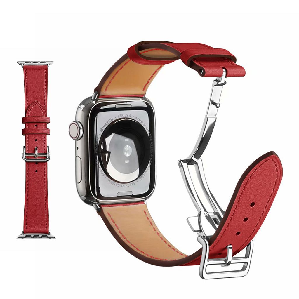 Genuine leather silver buckle watch band for Apple Watch Series 6 / 5 44mm - Red