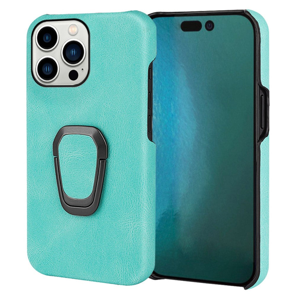 Shockproof leather cover with oval kickstand for iPhone 14 Pro Max - Cyan