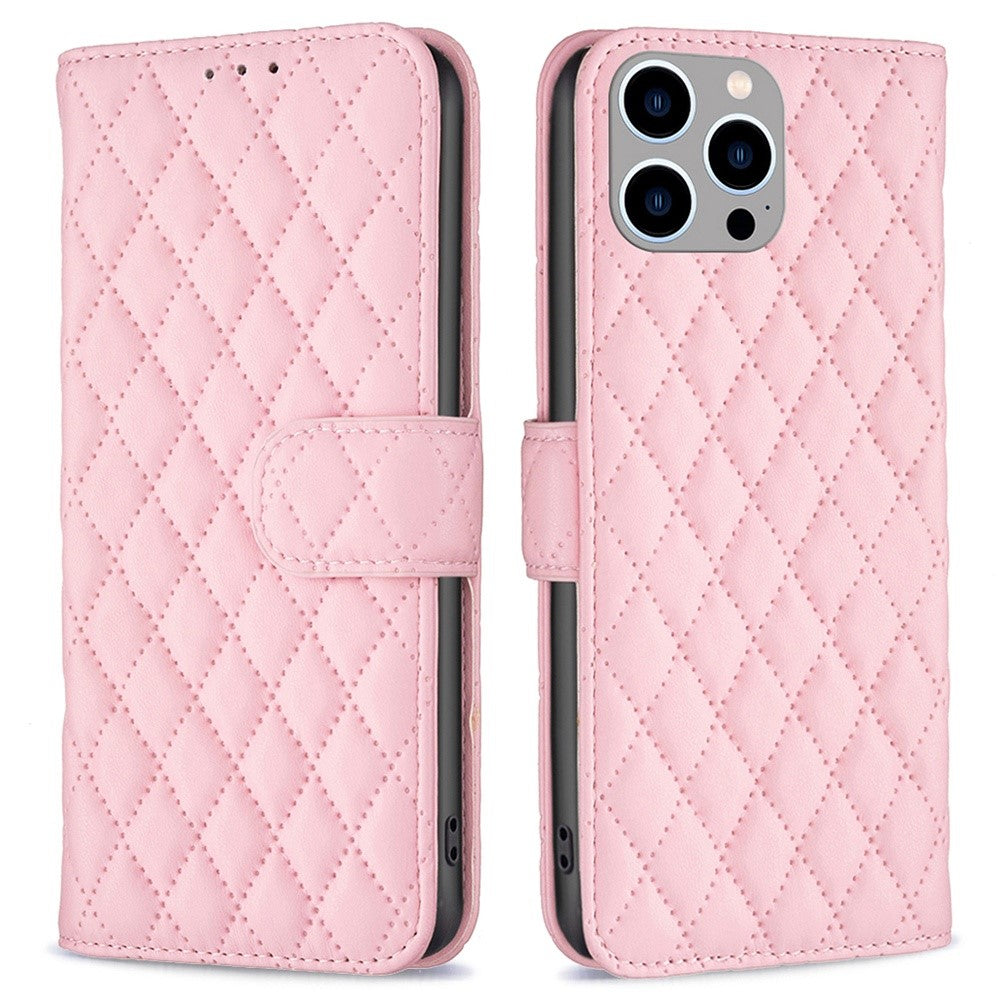 Rhombus pattern matte flip case for iPhone 14 Pro Max - Pink