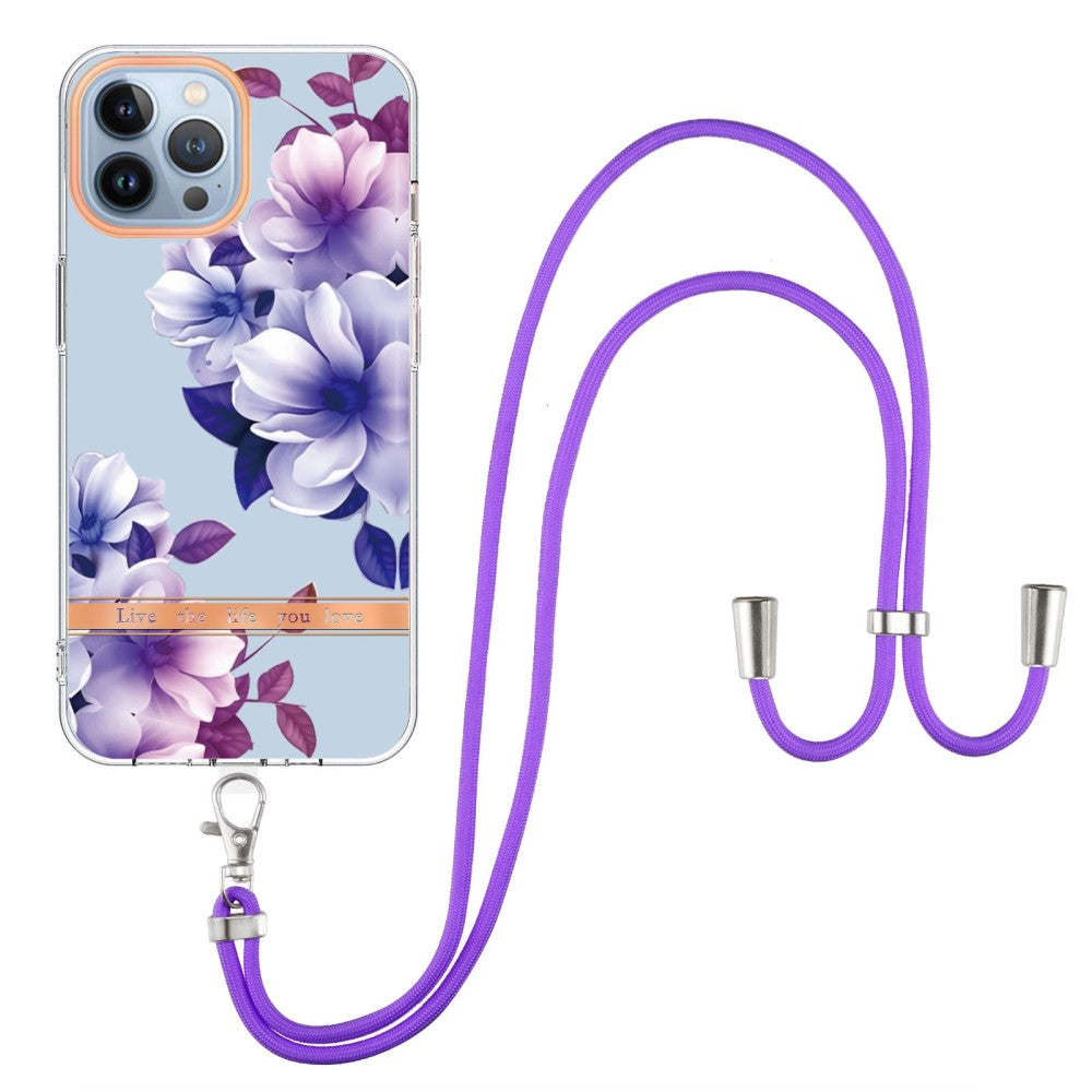 Slim and durable softcover with lanyard for iPhone 14 Pro - HC004 Purple Begonia