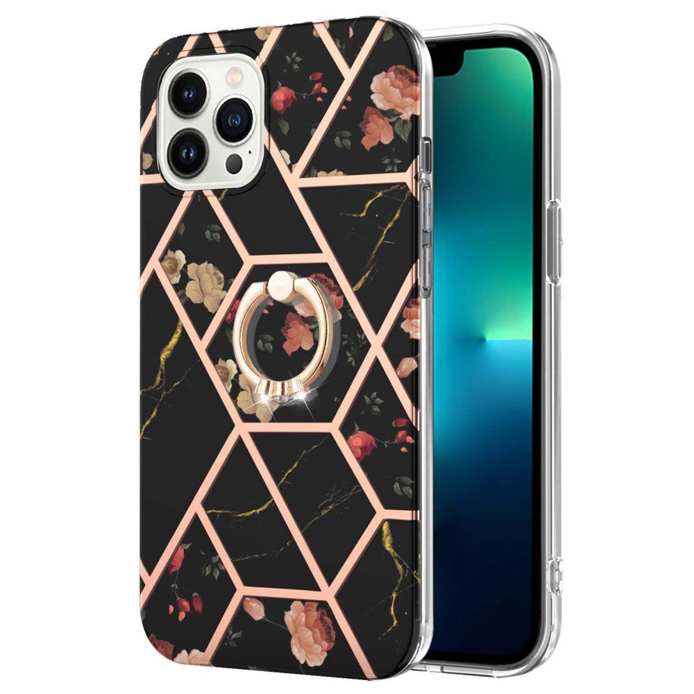 Marble patterned cover with ring holder for iPhone 14 Pro - Black Flowers