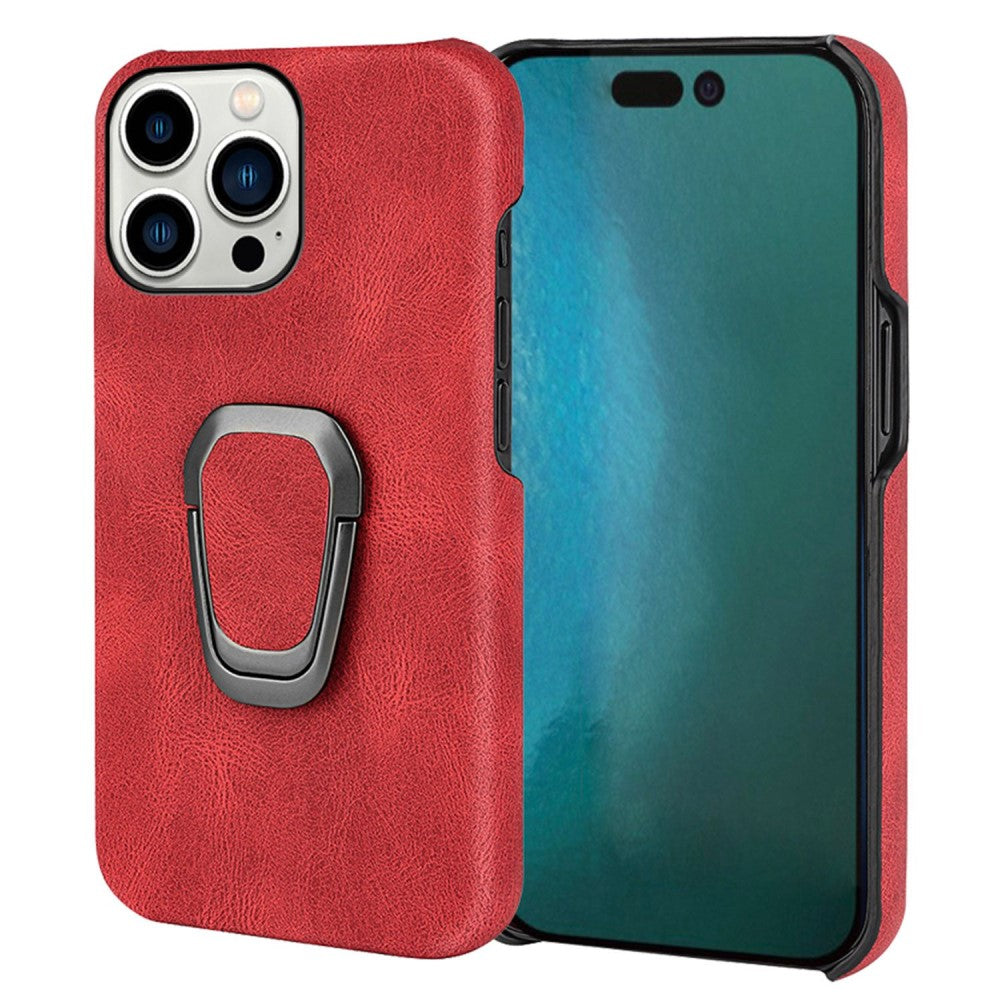 Shockproof leather cover with oval kickstand for iPhone 14 Pro - Red